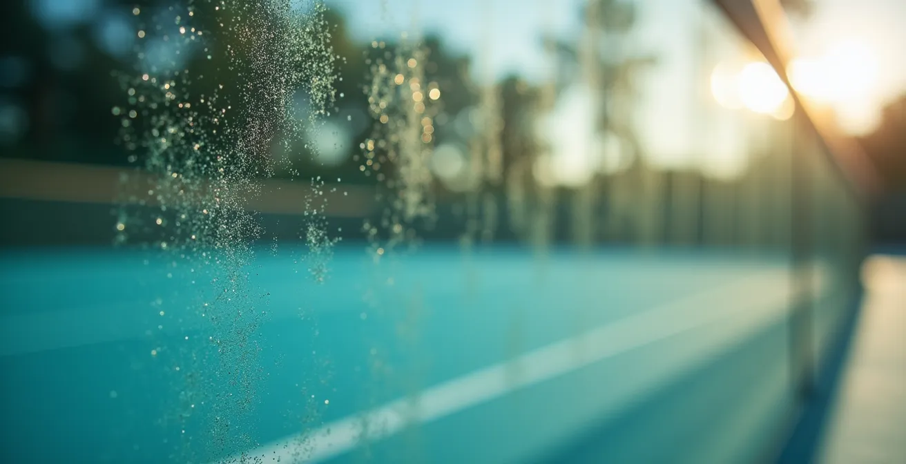 Gros plan texturé d'une vitre de court de padel montrant la qualité du verre trempé et la propreté de surface