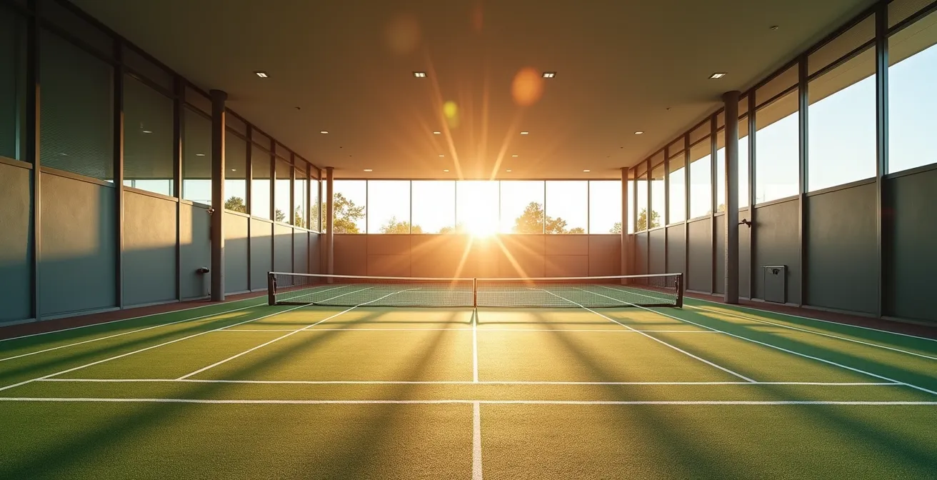 Vue d'ensemble d'un court de padel professionnel avec éclairage et surfaces de jeu impeccables